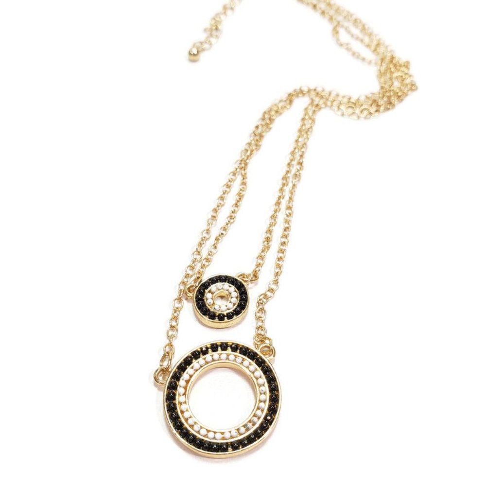 Black White Beaded Circle Necklace Gold Tone 16"